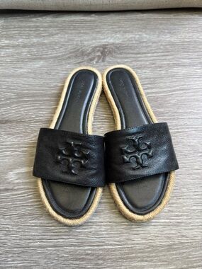 Tory Burch Black Leather Slide Sandals with Natural Rope Edge